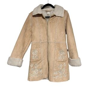 Penny Lane Faux Suede & Shearling Y2K Floral Embroidered Coat Size Small